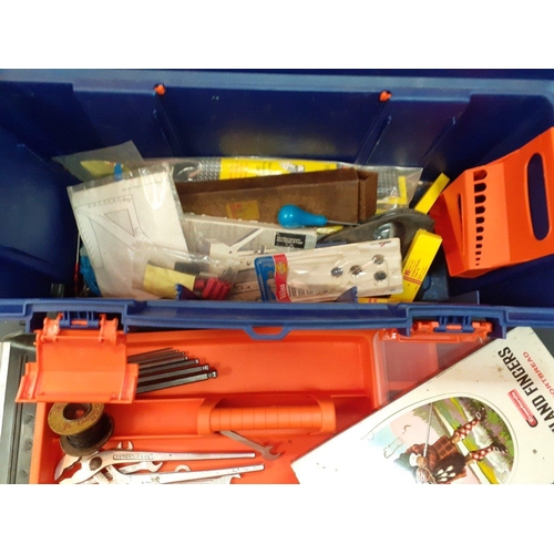 372 - A large KETER plastic toolbox on wheels with various contents including nails, fixings, snow shovel ... 