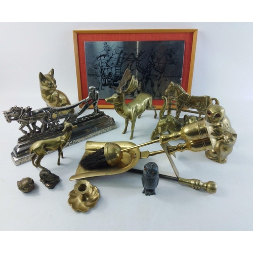 40 - A brass lot to include part fire iron set, various animals including a stag, an owl, cats etc#56