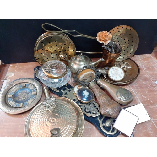 42 - A large collection of BRASSWARE to include bed pan warmers, powder flasks, miniature picture frames,... 