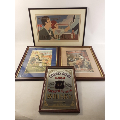 129 - Nice lot of colourful advertising pieces to include a Chivas Regal mirror 33cm x 23cm. A super Coint... 