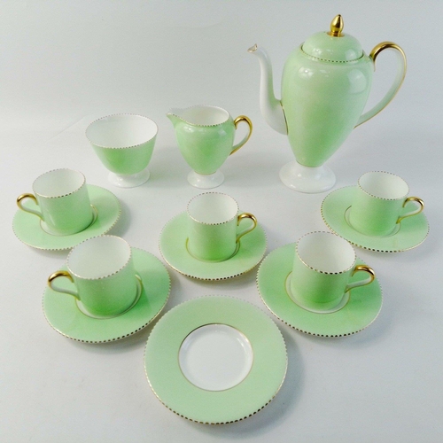 187 - Beautiful WEDGWOOD coffee set in light green colourway comprising coffee pot, five cans and six sauc... 