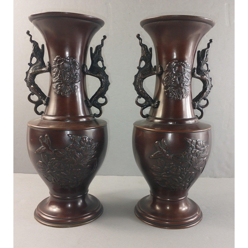 208 - A pair of bronze Oriental vases with dragon handles, each 31cm tall approx.#58