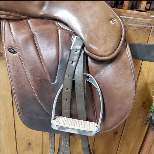 268 - Brown WOW branded leather saddle fully adjustable, with stirrup leathers & irons  - this belonge... 