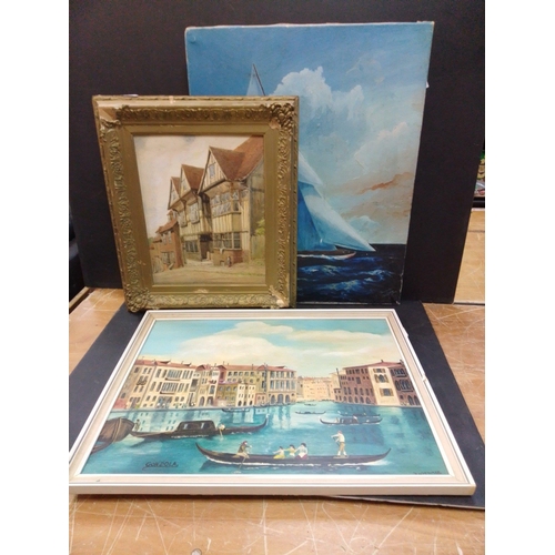 329 - Three paintings to include a large painting study, on board, of a sailing ship dated 1954, a print o... 