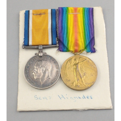 107 - WWI medal pair SEAFORTH HIGHLANDER awarded to 19278 Cpl. F. McIntyre comprising British War Medal an... 