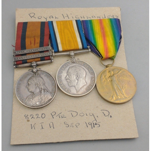 17 - VICTORIA BOER WAR/WWI medal trio ROYAL HIGHLANDERS awarded to 8220 Pte. D. Doig , comprising Queen's... 