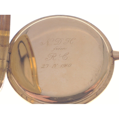 49A - ROYAL NAVY INTEREST. 18k stamped gold pocket watch, inscribed NDH from RC - 27.IV.1910.  NORTH DE CO... 