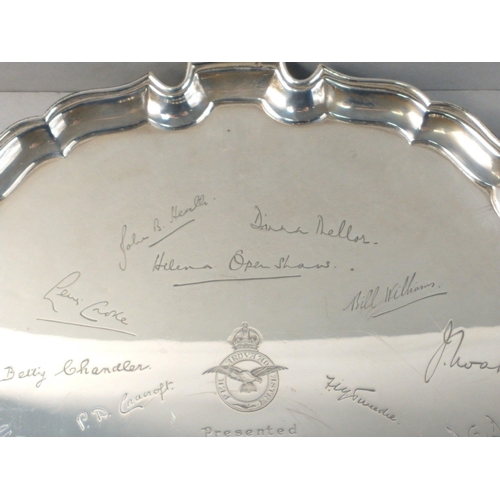 57 - A stunning fully hallmarked sterling silver scallop edged footed tray inscribed with signatures from... 