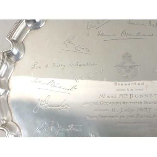 57 - A stunning fully hallmarked sterling silver scallop edged footed tray inscribed with signatures from... 