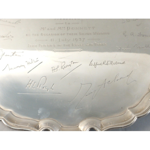 57 - A stunning fully hallmarked sterling silver scallop edged footed tray inscribed with signatures from... 