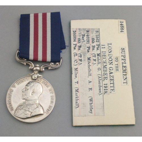 102 - WWI era George V Military Medal awarded to S-40191 Pte. A. E. Mitchellhill 67 GORDON HIGHLANDERS gaz... 