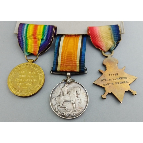 112 - WWI medal trio  - CAMERON HIGHLANDERS awarded to 17169 Pte. W.L. Nairn comprising 1914-15 Star, Brit... 