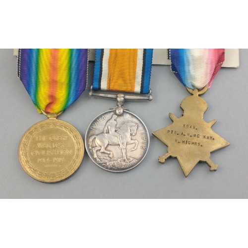 113 - WWI medal trio - ROYAL HIGHLANDERS awarded to 3849 Pte. A. M. McKay comprising 1914-15 Star, British... 