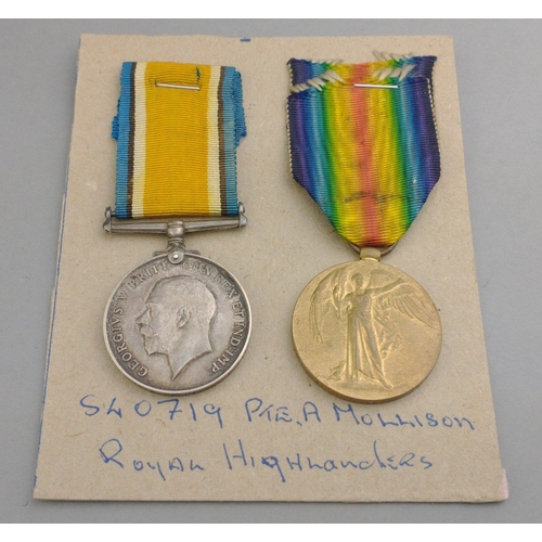 118 - WWI medal pair ROYAL HIGHLANDERS awarded to S-40719 Pte. A. Mollison comprising British War Medal an... 