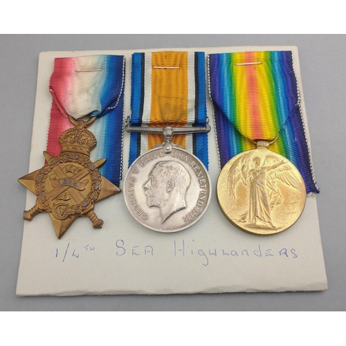 121 - WWI medal trio 1/4 SEAFORTH HIGHLANDERS awarded to 2316 Pte. A. MacGillvray comprising 1914 Star, Br... 