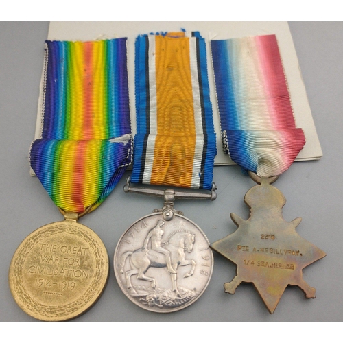 121 - WWI medal trio 1/4 SEAFORTH HIGHLANDERS awarded to 2316 Pte. A. MacGillvray comprising 1914 Star, Br... 