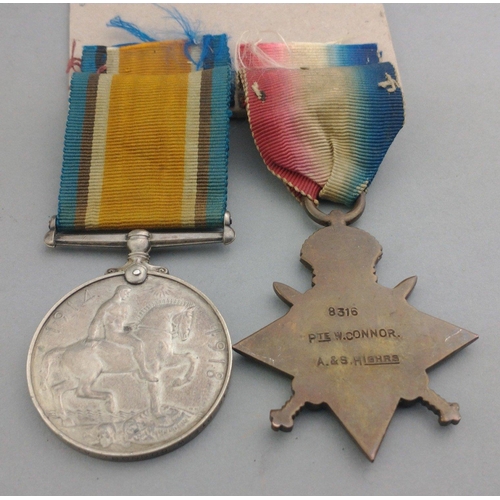 125 - WWI medal pair ARGYLL AND SOUTHERN HIGHLANDERS awarded to 8316 Pte. W. Connor, comprising 1914 Star ... 