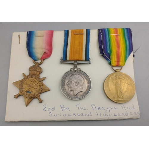 126 - WWI medal trio ARGYLL AND SUTHERLAND HIGHLANDERS awarded to 7901 Pte. W. K. Brown comprising 1914 St... 