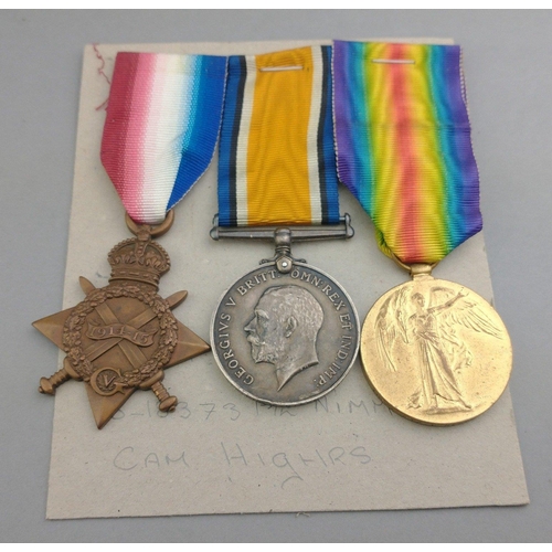 128 - WWI medal trio CAMERON HIGHLANDERS awarded to S-18373 Pte. T. Nimmo comprising 1914-15 Star, British... 