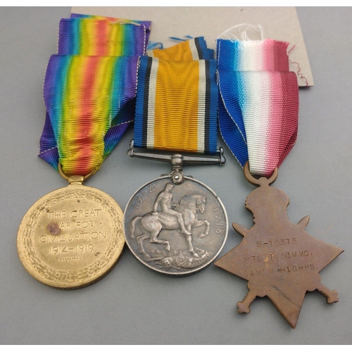 128 - WWI medal trio CAMERON HIGHLANDERS awarded to S-18373 Pte. T. Nimmo comprising 1914-15 Star, British... 