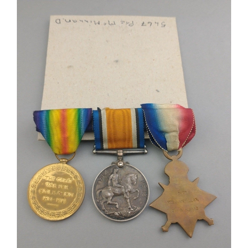 129 - WWI medal trio - CAMERON HIGHLANDERS, awarded to 3-5467 Pte. D. J. McMillan comprising 1914 Star, Br... 