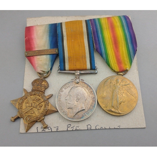 131 - WWI medal Mons Star trio GORDON'S awarded to 1297 Pte. A. Collie comprising 1914 Star with 5th Augus... 