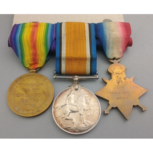 131 - WWI medal Mons Star trio GORDON'S awarded to 1297 Pte. A. Collie comprising 1914 Star with 5th Augus... 