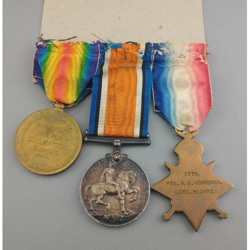 133 - WWI medal trio -  GORDON HIGHLANDERS awarded to 2775 Pte. W. G. Morrison comprising 1914-15 Star, Br... 