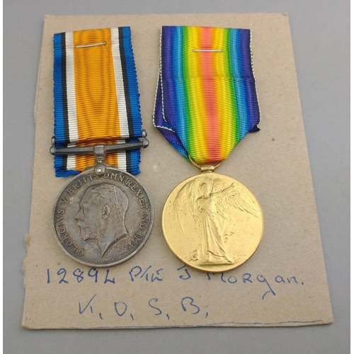 136 - WWI medal pair KING'S OWN SCOTTISH BORDERERS awarded to 12894 Pte. J. Morgan comprising British War ... 