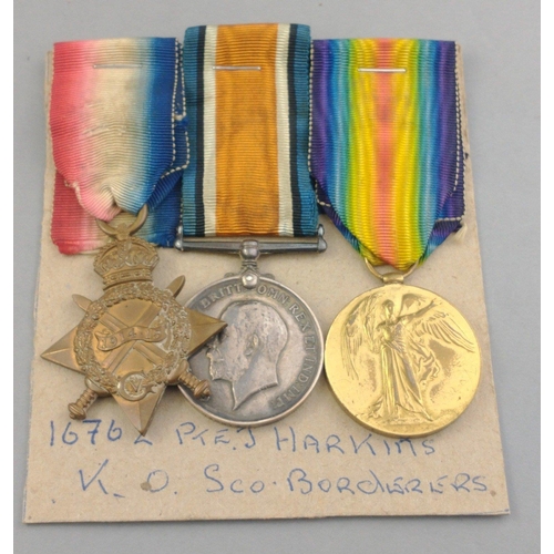 138 - WWI medal trio KING'S OWN SCOTTISH BORDERERS awarded to 16762 Pte. J. Harkins comprising 1914-15 Sta... 