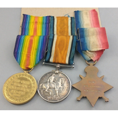 138 - WWI medal trio KING'S OWN SCOTTISH BORDERERS awarded to 16762 Pte. J. Harkins comprising 1914-15 Sta... 