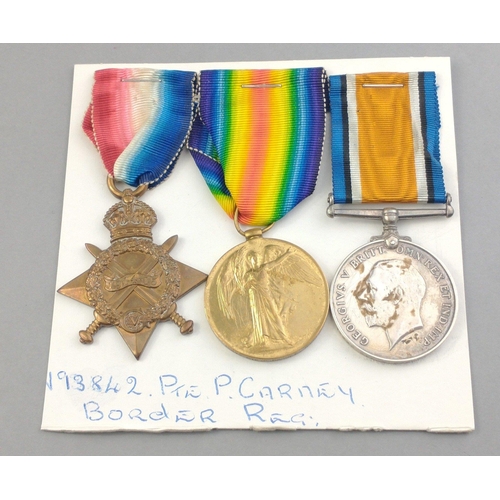 139 - WWI medal trio - BORDER REGIMENT awarded to 13842 Pte. P. Carney comprising 1914-15 Star, British Wa... 