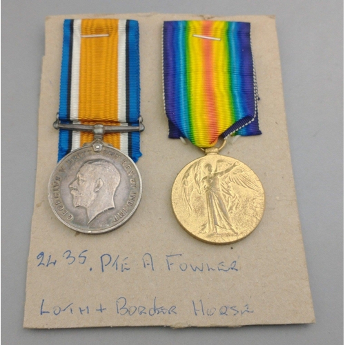 140 - WWI medal pair LOTHIAN AND BORDER HORSE awarded to 2435 Pte. A. Fowler comprising British War Medal ... 