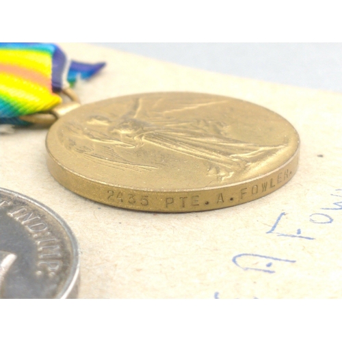 140 - WWI medal pair LOTHIAN AND BORDER HORSE awarded to 2435 Pte. A. Fowler comprising British War Medal ... 