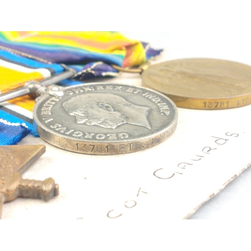 142 - WWI medal trio SCOTS GUARDS awarded to 13781 Pte. J. McLaren comprising 1914-15 Star, British War Me... 