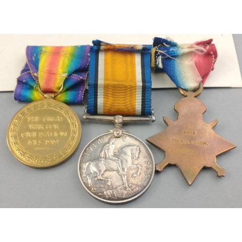 143 - WWI medal trio COLDSTREAM GUARDS awarded to 5803 Pte. W. H. Seach comprising 1914-15 Star, British W... 