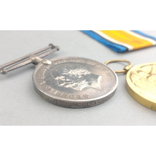 144 - GEORGE V WWI medal trio 1914-15 Star and British War Medal and Victory Medal awarded to16432 Cpl. E.... 