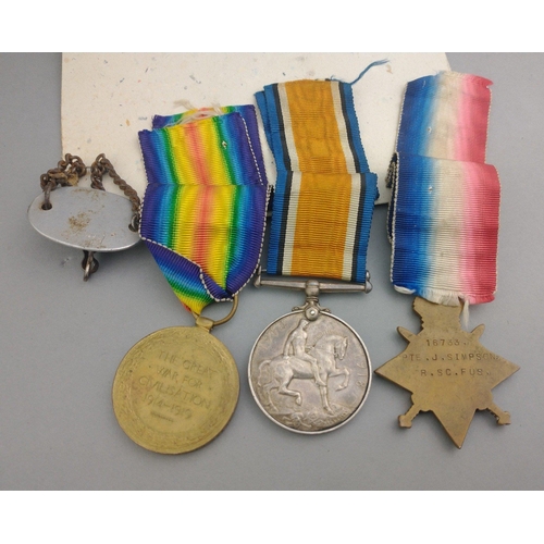 145 - WWI medal trio ROYAL SCOTS FUSILIERS awarded to 16733 Pte. J. Simpson, comprising 1914-15 Star, Brit... 