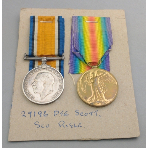 153 - WWI medal pair SCOTTISH RIFLES awarded to 29196 Pte. J. F. Scott comprising British War Medal and Vi... 