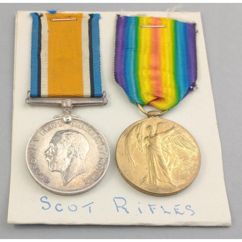 154 - WWI medal pair SCOTTISH RIFLES awarded to 36822 Pte. R. J. Segog comprising British War Medal and Vi... 