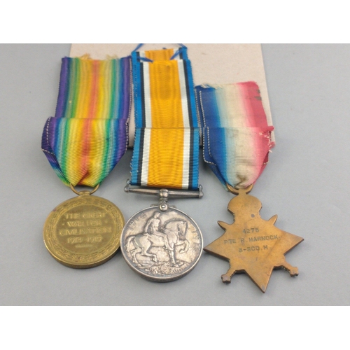 156 - WWI medal trio 3rd SCOTTISH HORSE awarded to 4275 Pte. R. Marnoch comprising 1914-15 Star, British W... 