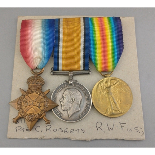 158 - WWI medal trio - ROYAL WELSH FUSILIERS awarded to 31140 Pte. C. Roberts comprising 1914-15 Star, Bri... 