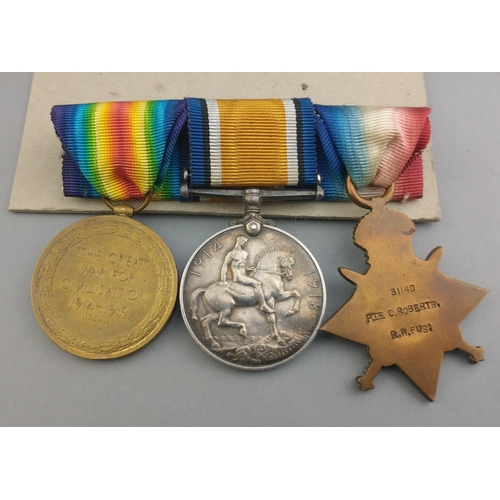 158 - WWI medal trio - ROYAL WELSH FUSILIERS awarded to 31140 Pte. C. Roberts comprising 1914-15 Star, Bri... 