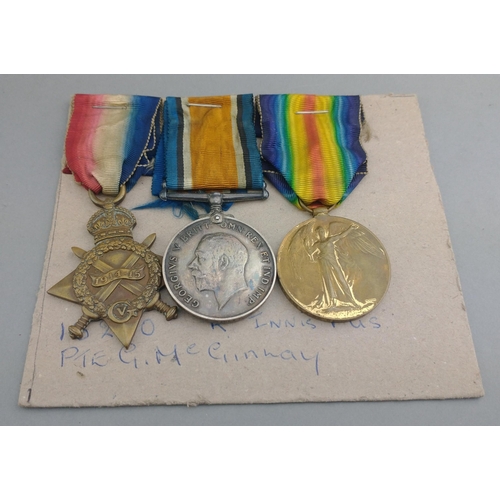 159 - WWI medal trio ROYAL INNISKILLINGS FUSILIERS awarded to 13220 Pte. J. McGinlay, comprising 1914-15 S... 