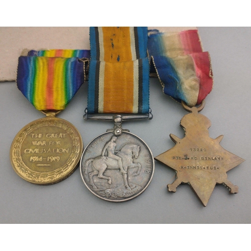 159 - WWI medal trio ROYAL INNISKILLINGS FUSILIERS awarded to 13220 Pte. J. McGinlay, comprising 1914-15 S... 