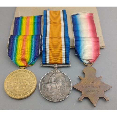 165 - WWI medal trio 14/LONDON REGIMENT awarded to 1873 Pte. V. Balfour, comprising 1914-15 Mons Star, Bri... 