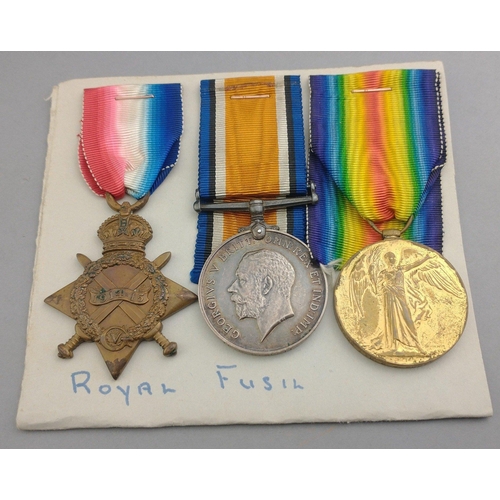 167 - WWI medal trio ROYAL FUSILIERS awarded to 1265 RQMS. G. G. Scott comprising 1914-15 Star, British Wa... 