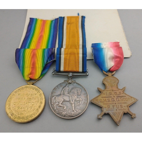 167 - WWI medal trio ROYAL FUSILIERS awarded to 1265 RQMS. G. G. Scott comprising 1914-15 Star, British Wa... 