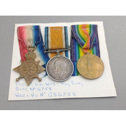 168 - WWI medal trio ROYAL FUSILIERS awarded to  6758/GS-6758 Pte. H. Lewis comprising 1914-15 Star, Briti... 