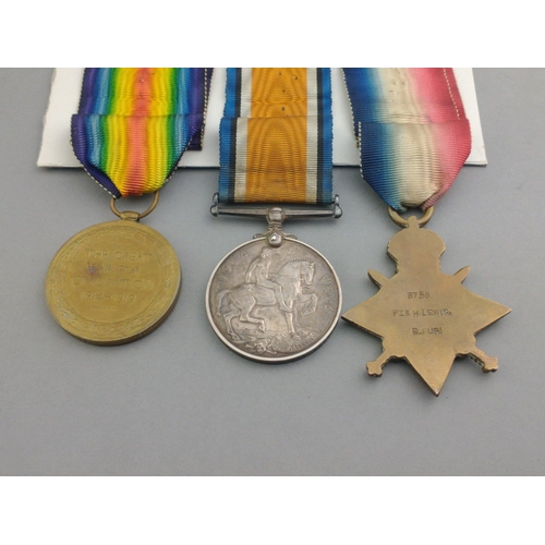 168 - WWI medal trio ROYAL FUSILIERS awarded to  6758/GS-6758 Pte. H. Lewis comprising 1914-15 Star, Briti... 